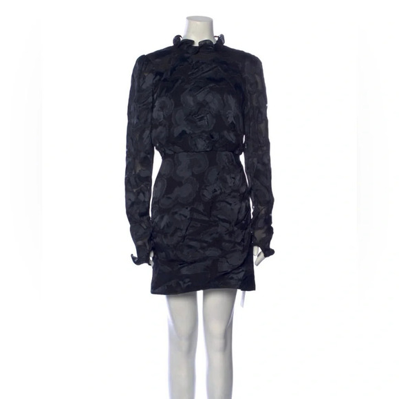 Saloni Floral Print Mini Dress Size US 4 Black Grey Ruffles Long Sleeve Silk - Picture 2 of 12